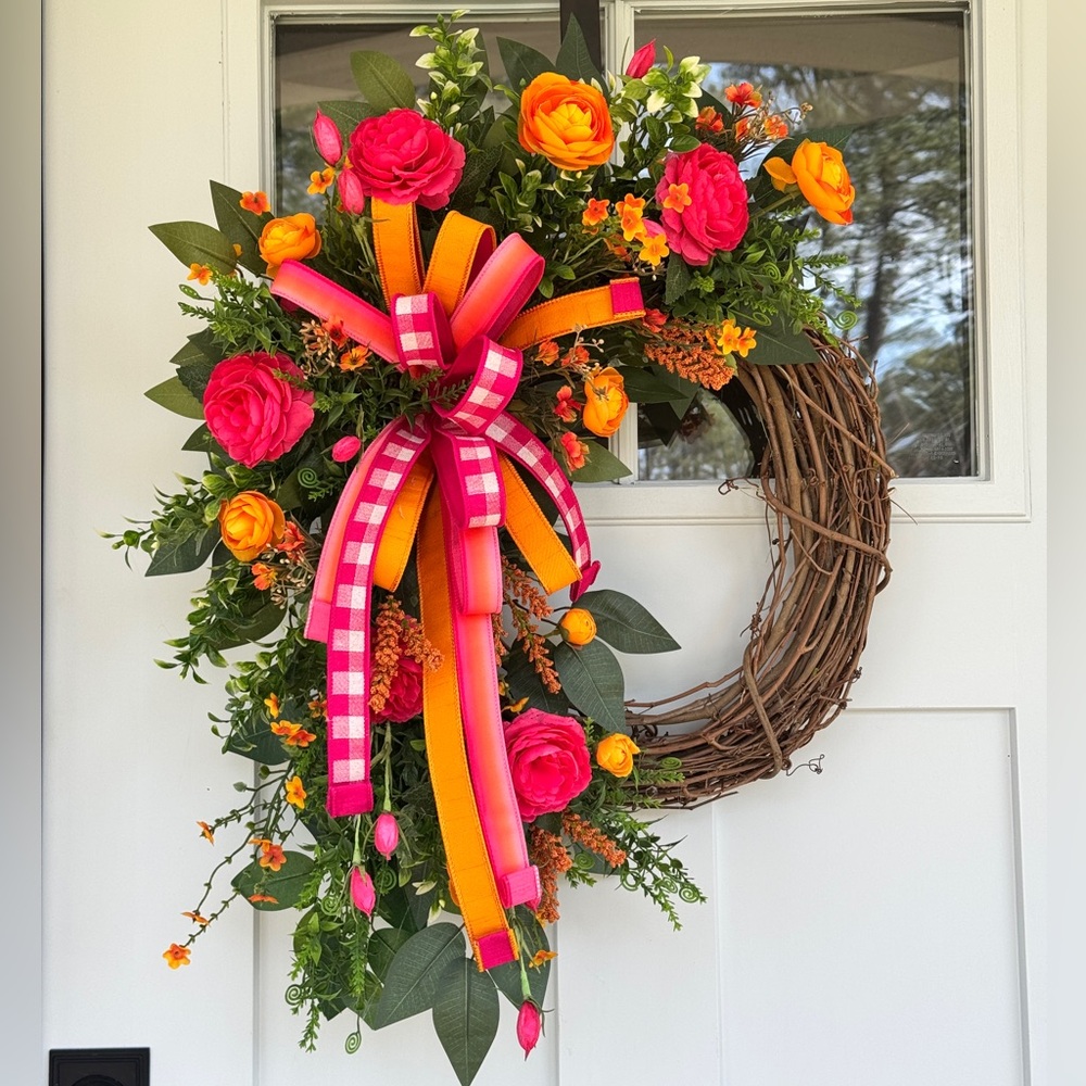 Vibrant Pink & Orange Floral Grapevine Wreath